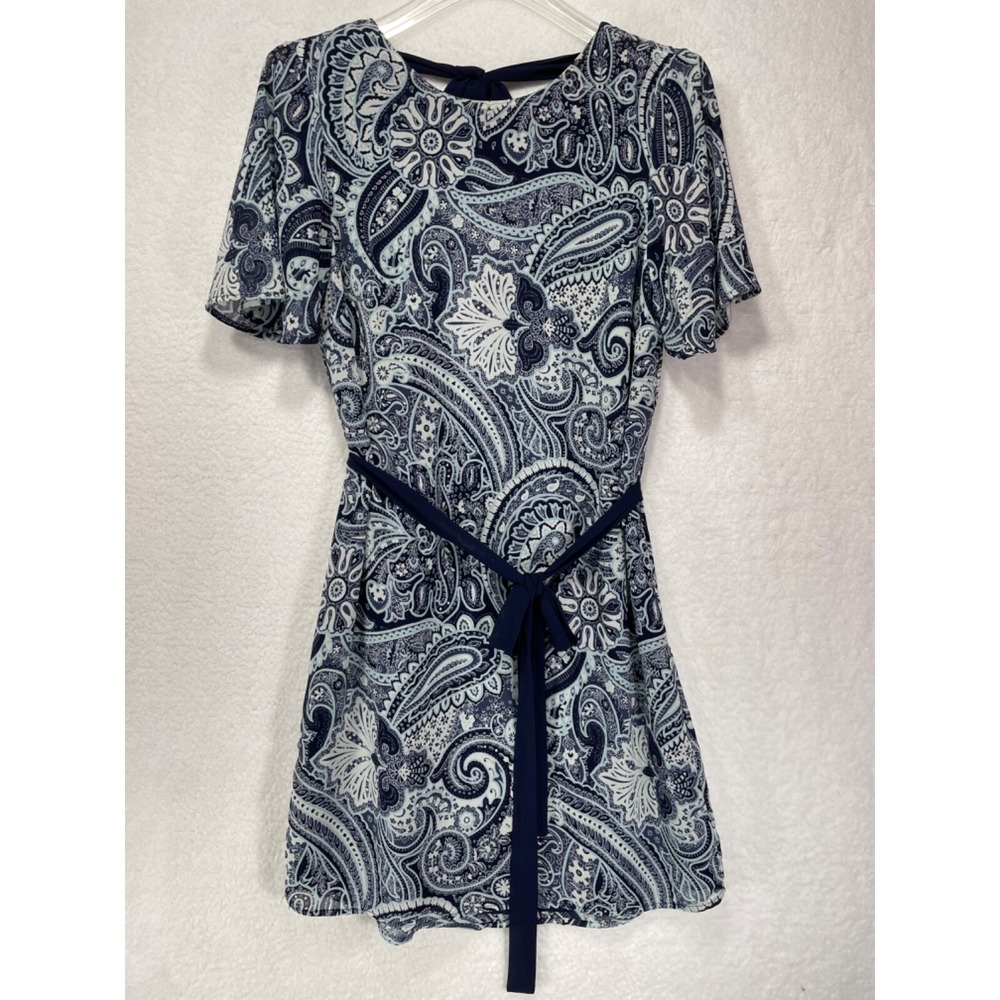 H & M Women's size 6 Short Sleeve Shift Dress Flattering Tie Waist Blue
